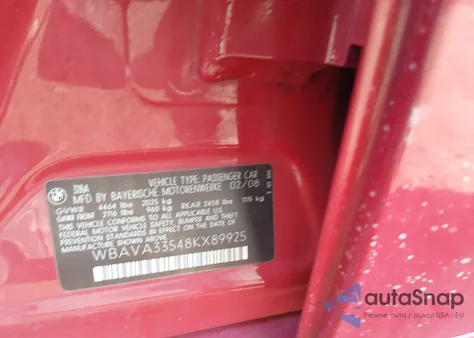 2008 BMW 328I z USA, uszkodzony, nr VIN WBAVA33548KX89925